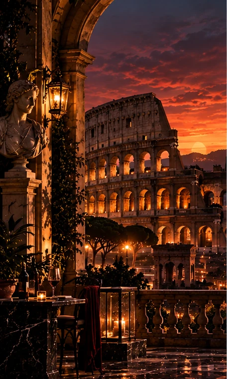 The Colosseum at sunset, seen from a terrace under an arch