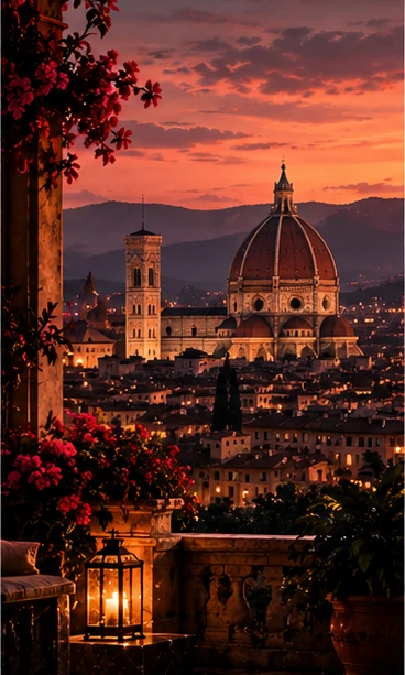 The dome of Florence Cathedral at dusk, framed by flowers