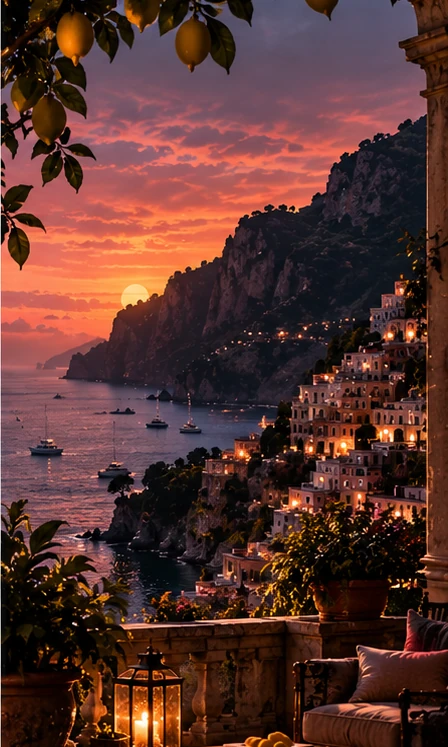 A cliffside village over the sea at sunset, under lemon trees