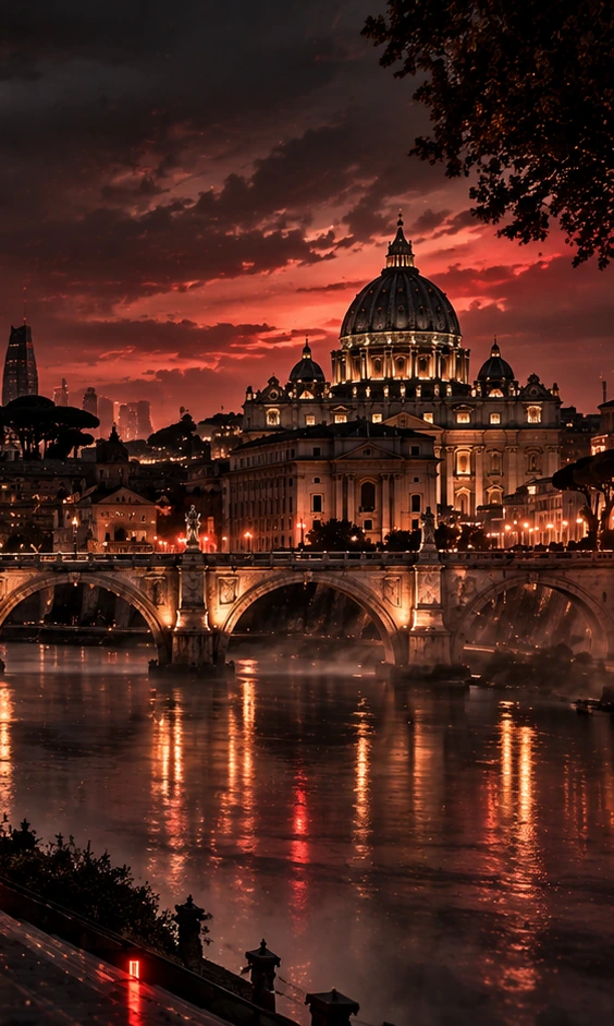 A terrace over a river and a domed cathedral at dusk