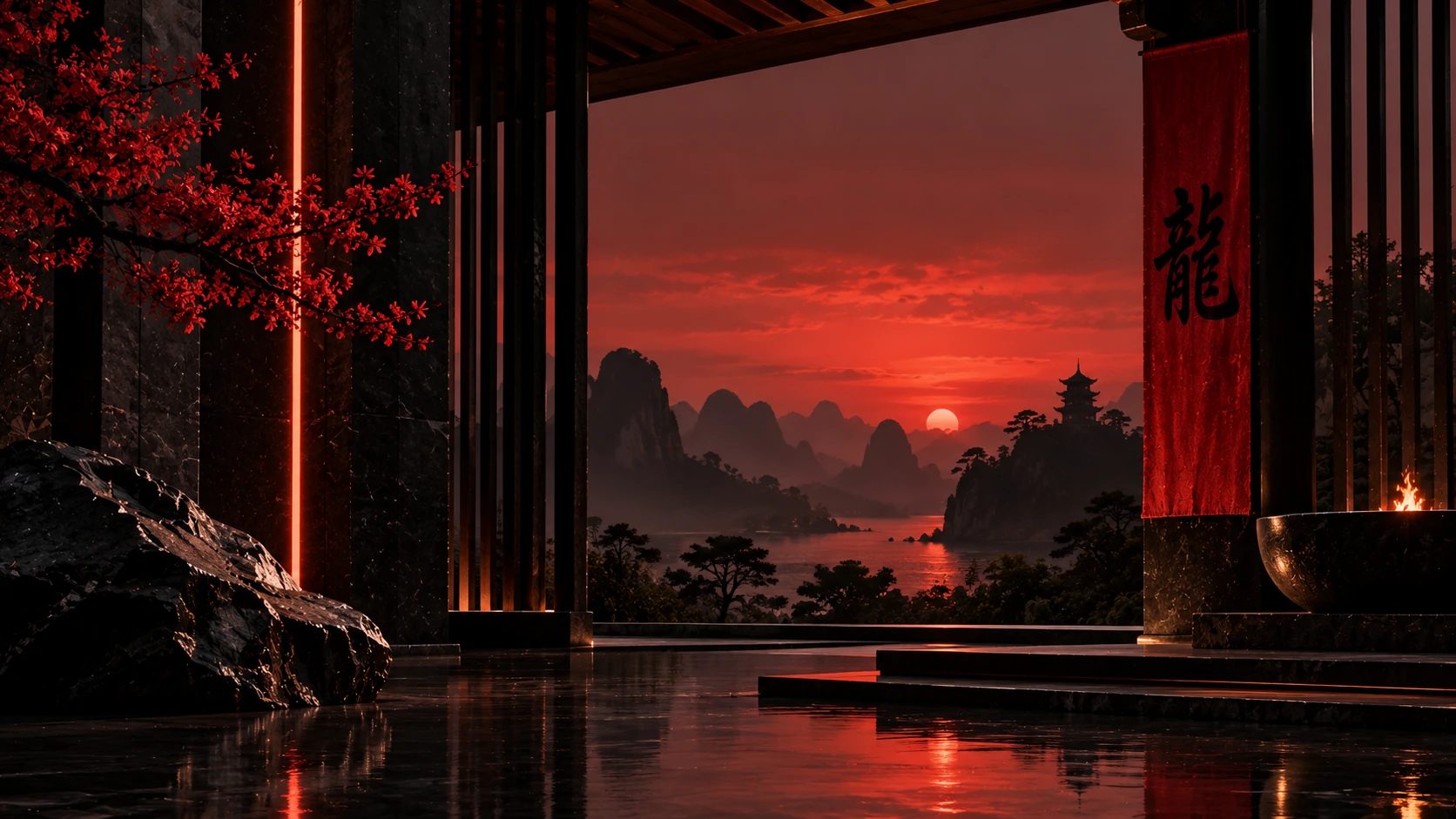 A pavilion with red lanterns and misty mountains