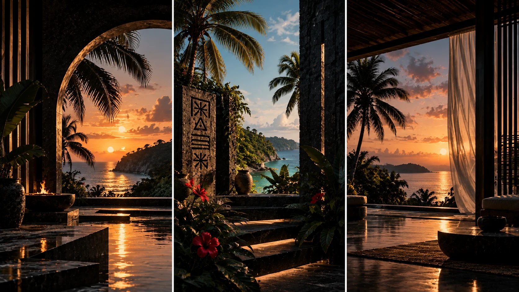 A terrace with palm trees over the sea at sunset