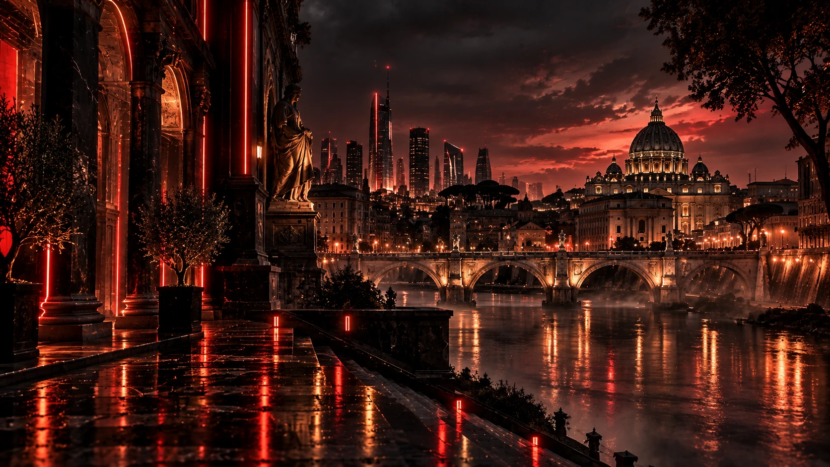 A terrace over a river and a domed cathedral at dusk