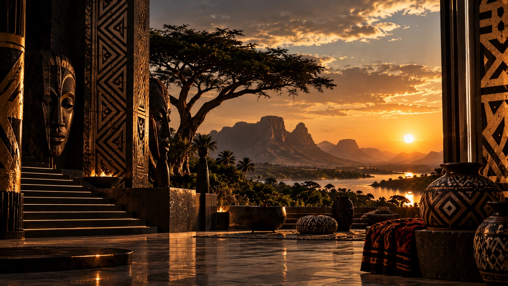 Carved stone architecture at sunset