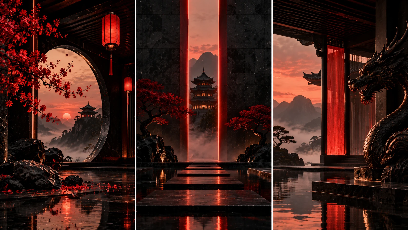 A pavilion with red lanterns and misty mountains