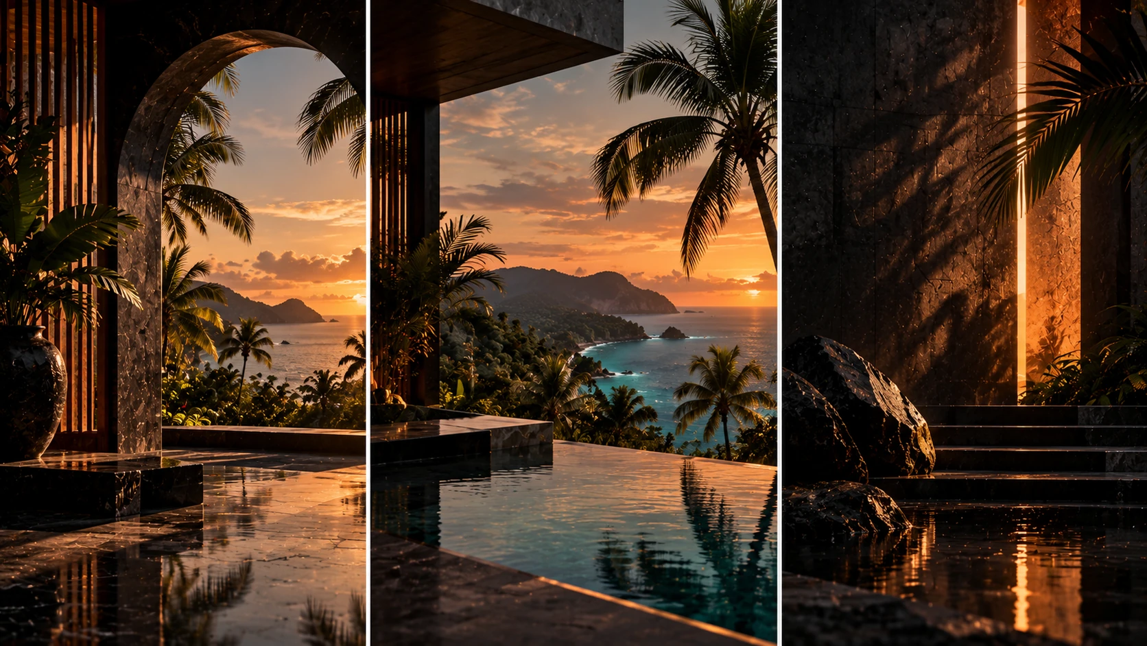 A terrace with palm trees over the sea at sunset