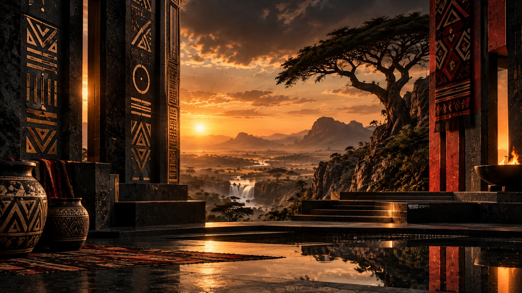 Carved stone architecture at sunset