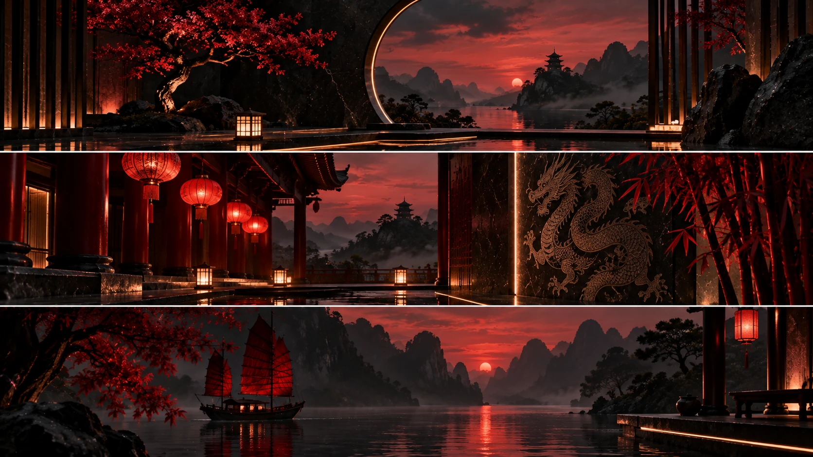 A pavilion with red lanterns and misty mountains