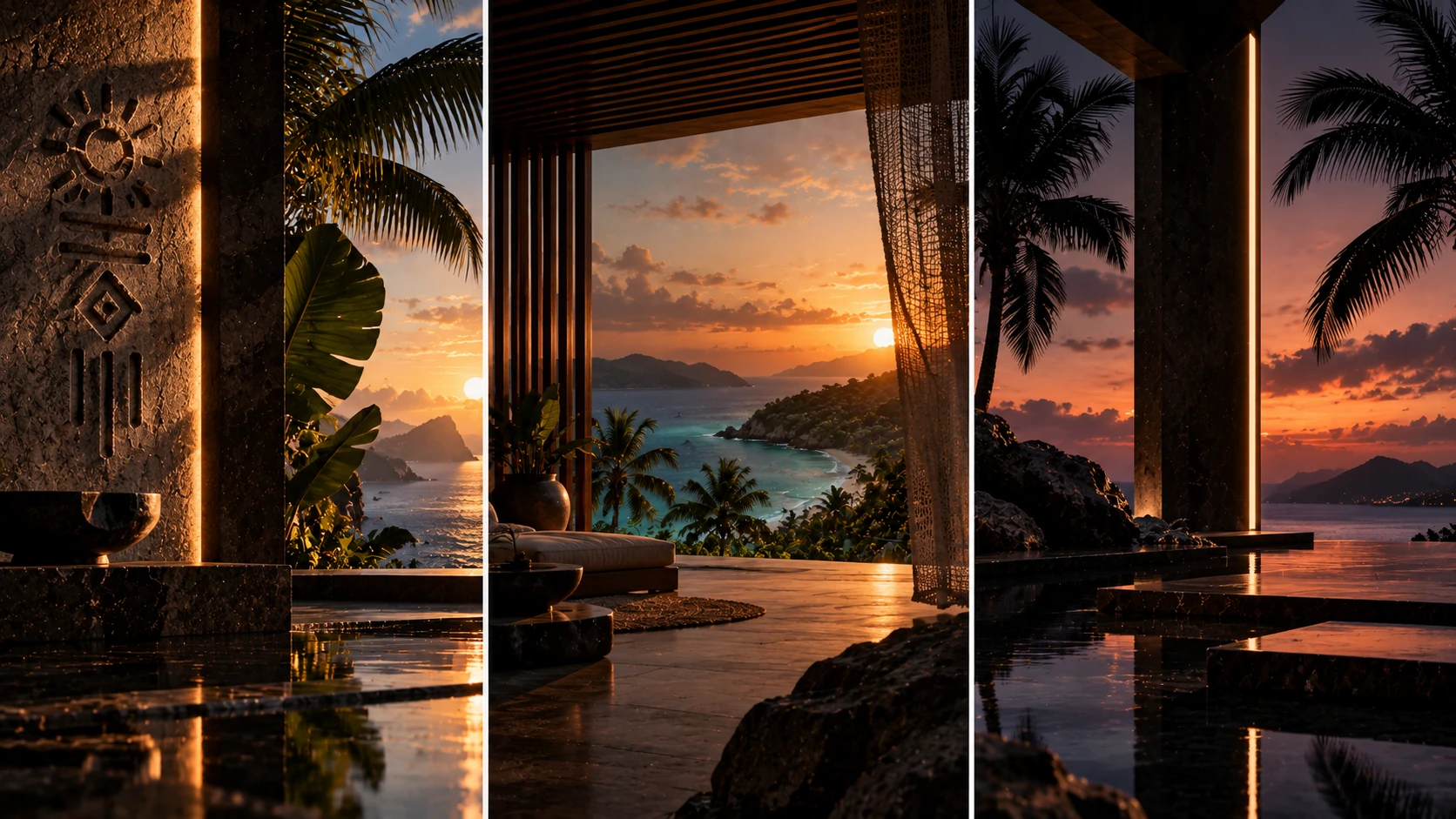 A terrace with palm trees over the sea at sunset