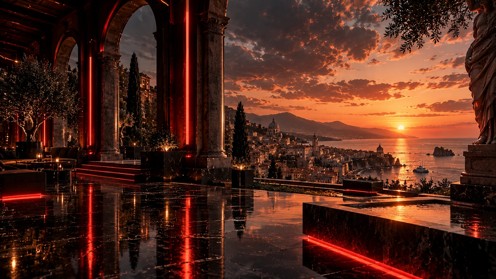 A terrace over a river and a domed cathedral at dusk