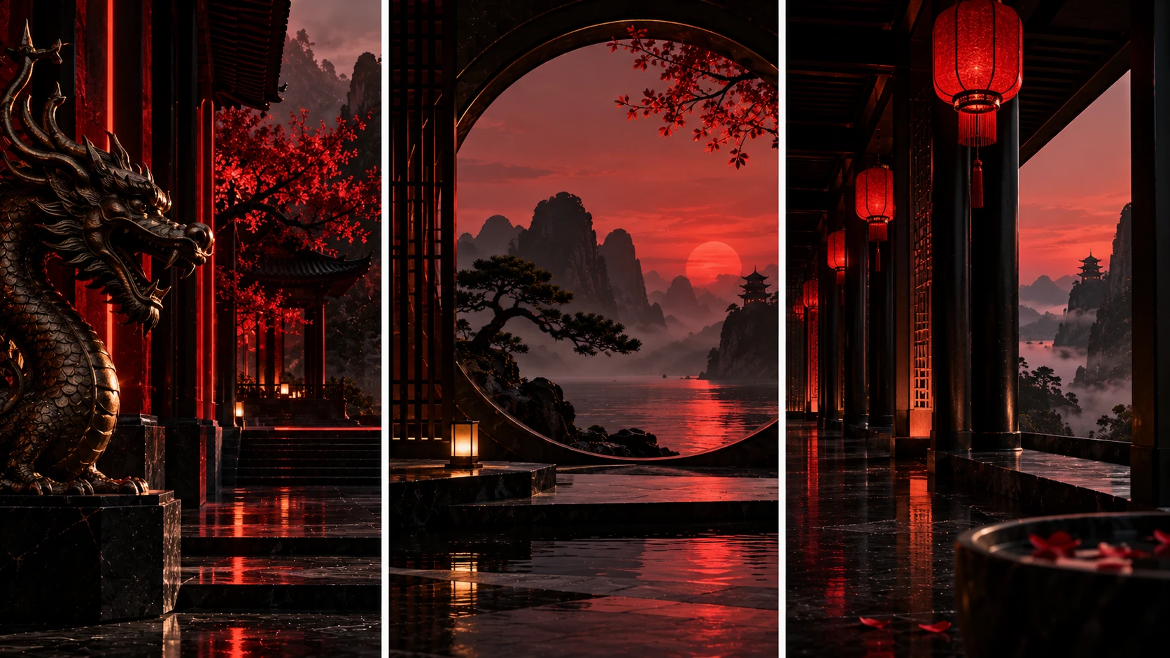 A pavilion with red lanterns and misty mountains