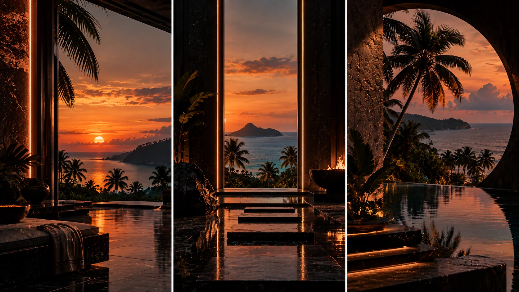 A terrace with palm trees over the sea at sunset