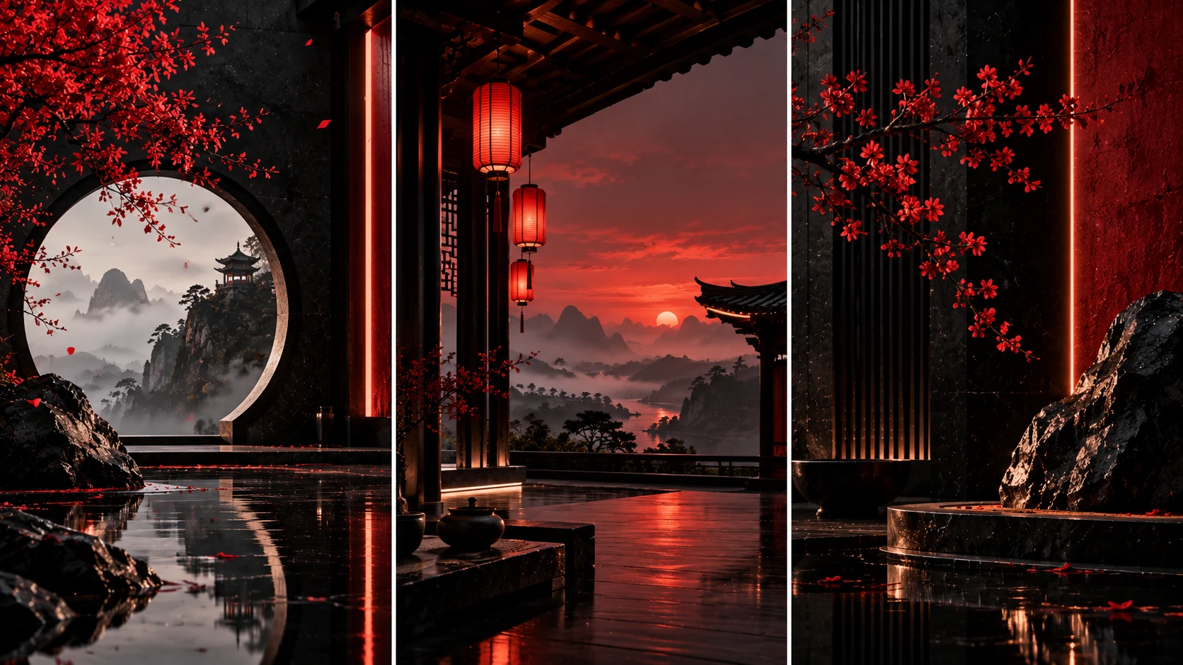 A pavilion with red lanterns and misty mountains