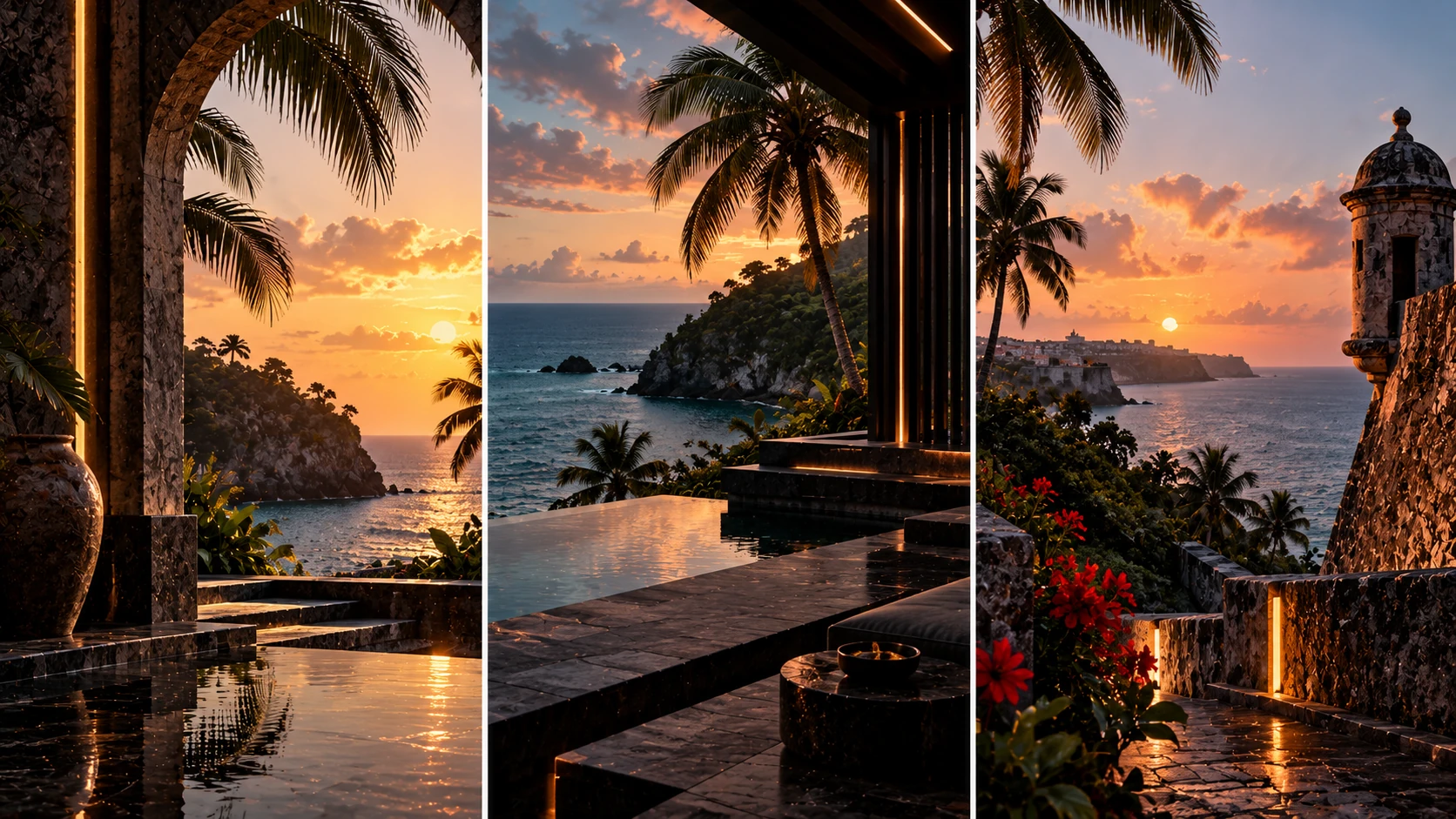 A terrace with palm trees over the sea at sunset