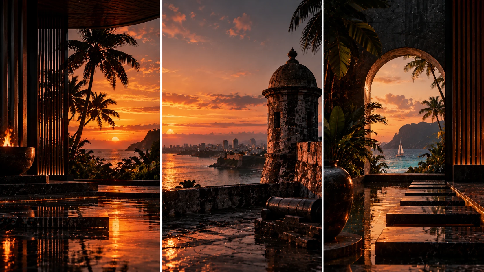 A terrace with palm trees over the sea at sunset