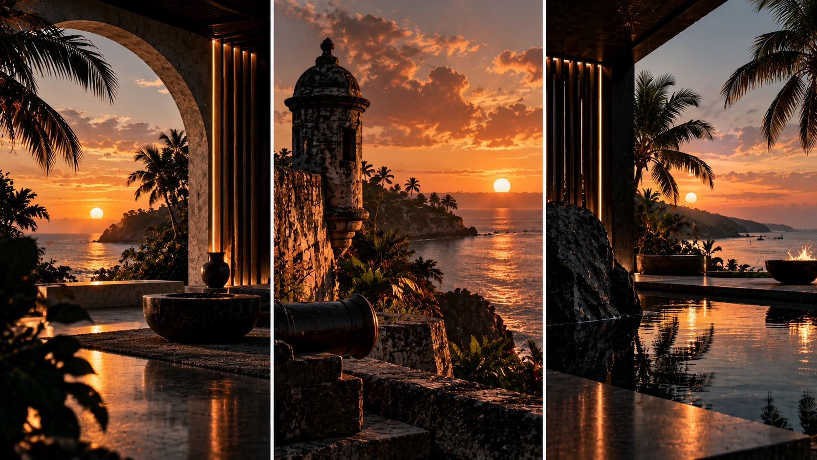 A terrace with palm trees over the sea at sunset