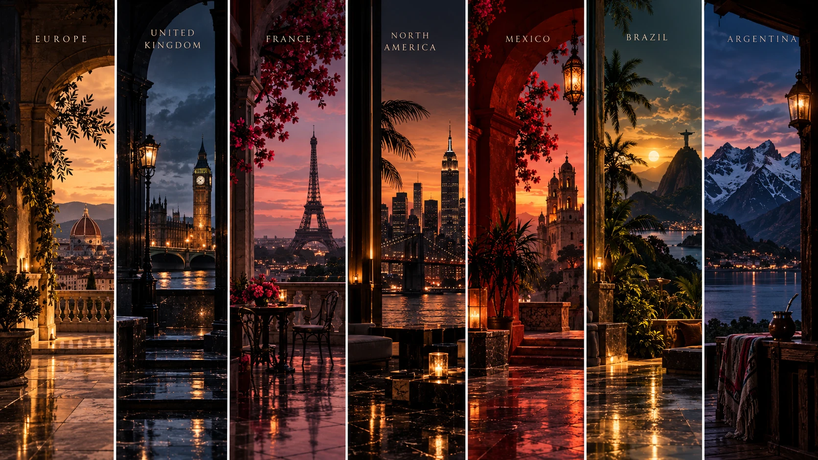 Seven terraces at dusk facing Florence, London, Paris, New York, a Mexican cathedral, Rio de Janeiro and the Andes